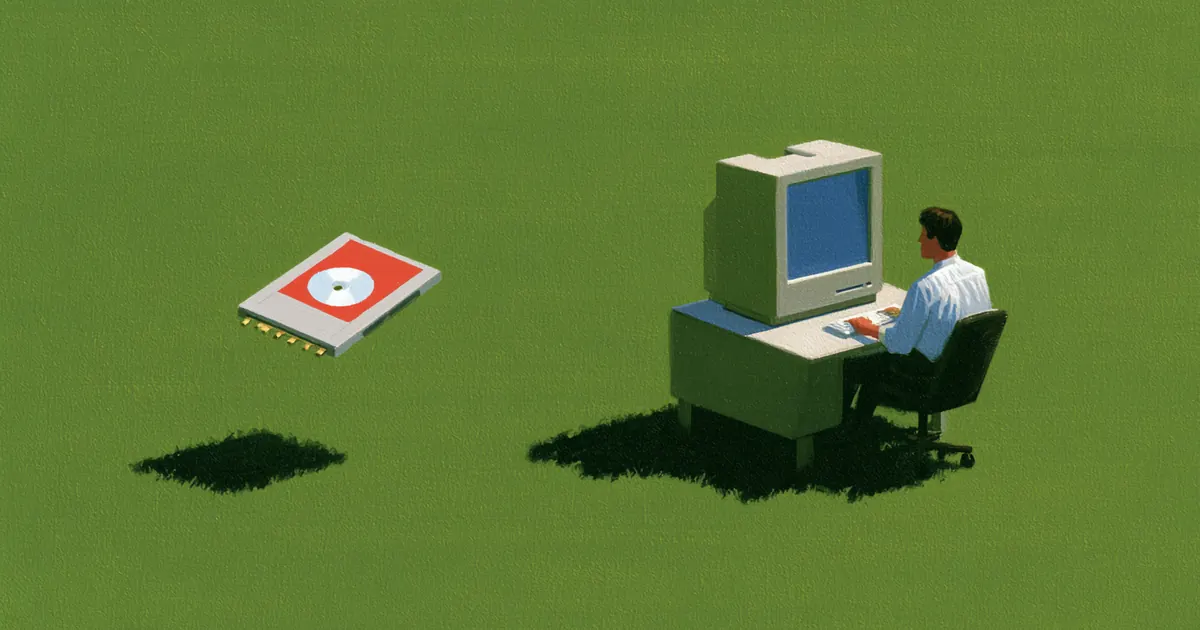 A compact skill module hovering beside a person operating an AI agent at a computer