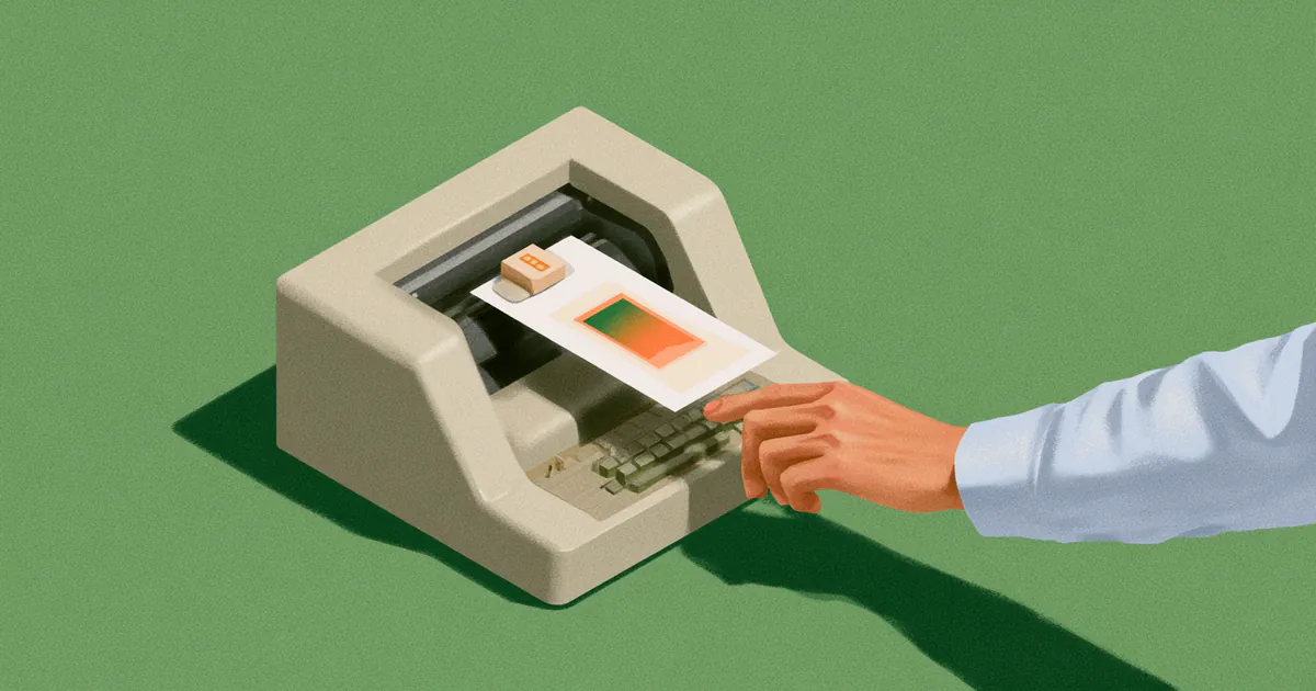 A hand guiding an AI skill cartridge into a compact publishing machine