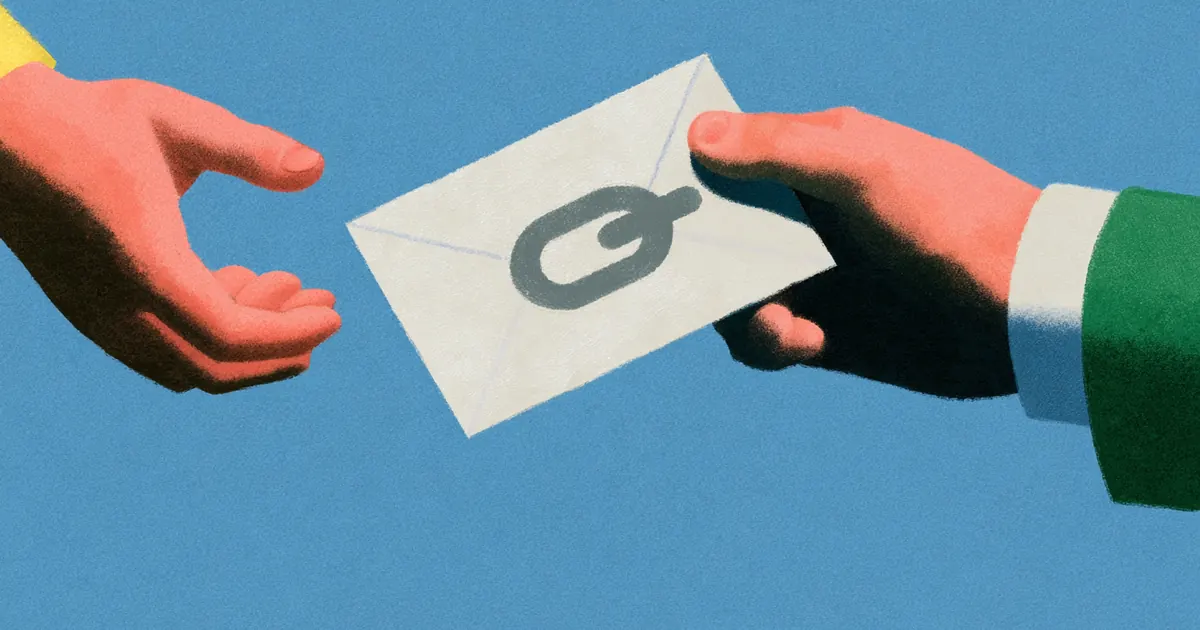 Two hands passing an envelope marked with a chain-link symbol