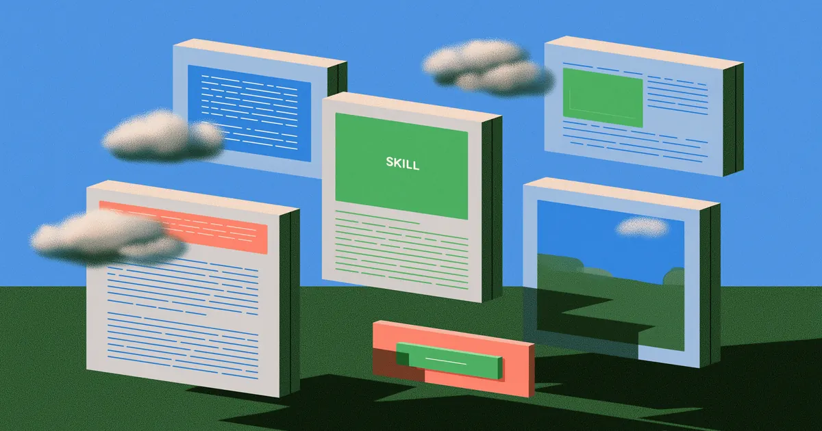 An AI skill landing page surrounded by supporting copy, example, image, and call-to-action panels