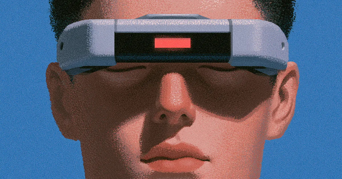 A close portrait of a person wearing a dark visor that hides their eyes